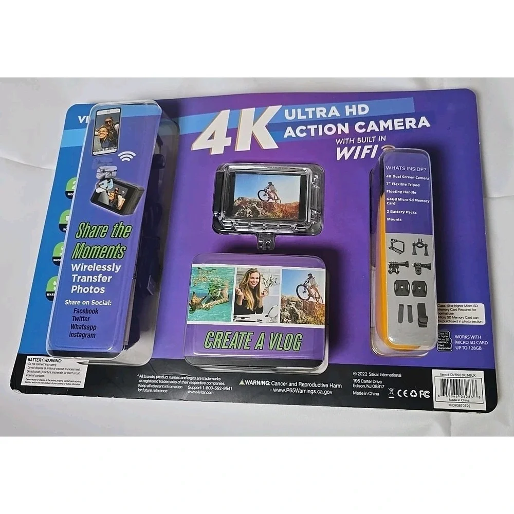 Vivitar 4K Ultra HD Action Camera Kit with Built-in WiFi NEW Sealed